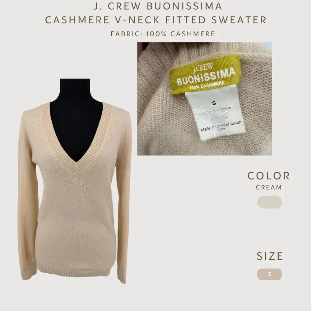 J.Crew Buonissima 100% Cashmere V-Neck Fitted Sweater Cream S